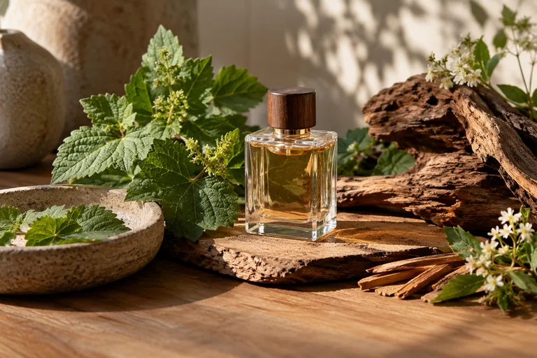 Feuilles et bois évoquant un accord de patchouli.