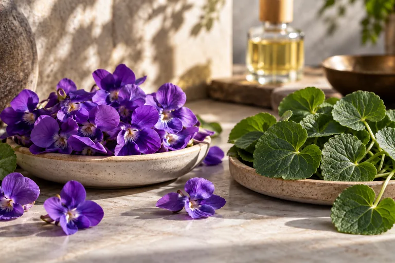 Fleurs et feuilles de violette présentées distinctement.