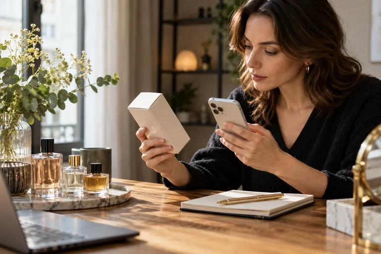 Lecture d’un emballage pour rechercher les ingrédients d’un parfum.