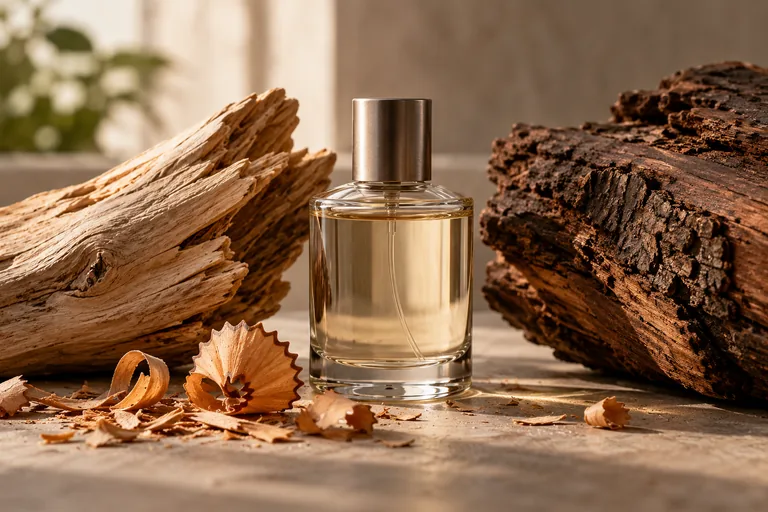 Textures de bois différentes près d’un flacon de parfum neutre.