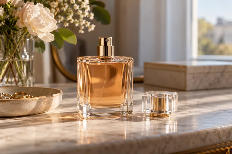 Flacon de parfum intact avec son capuchon posé à côté.