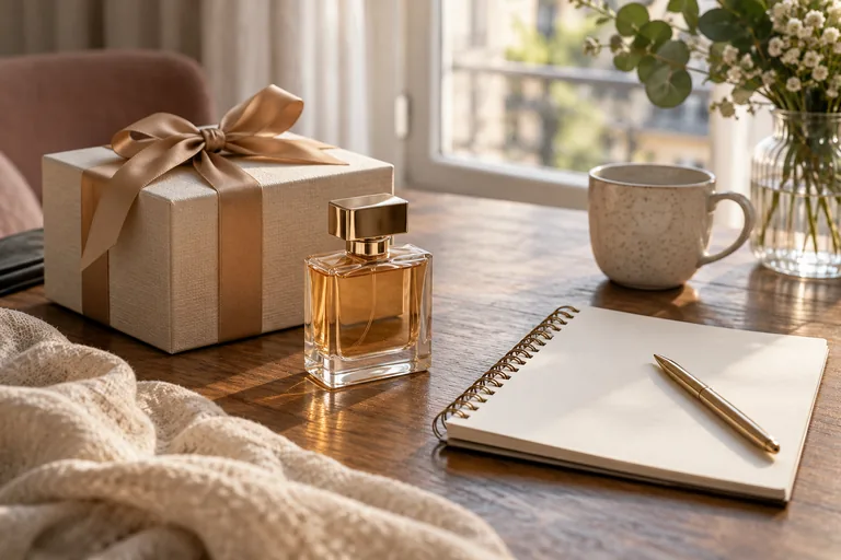 Boîte cadeau et carnet d’envies près d’un flacon fermé.