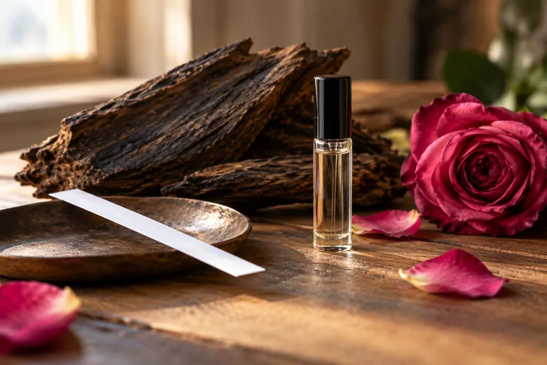 Bois sombre, rose et mouillette pour évoquer la découverte du oud.