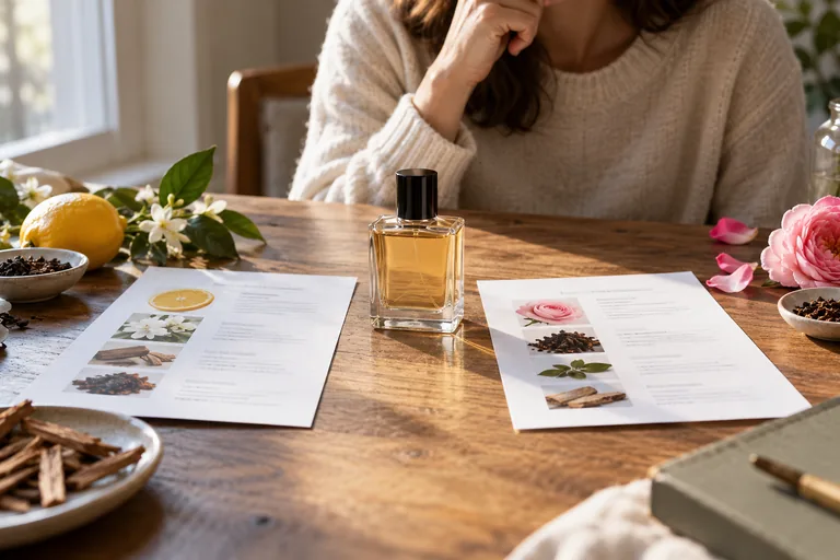 Deux fiches de description examinées près d’un flacon neutre.
