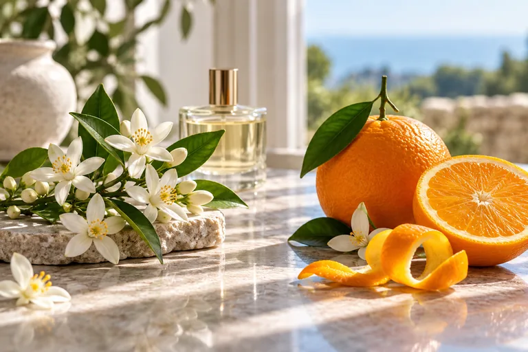 Fleurs d’oranger et orange coupée présentées distinctement.