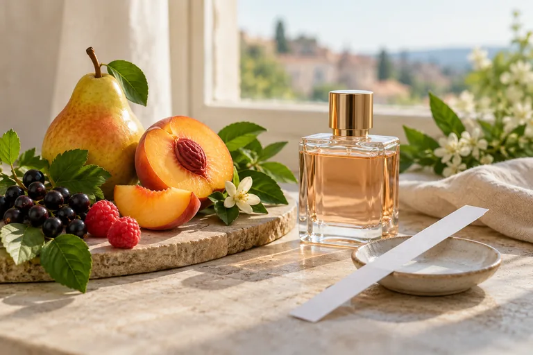 Fruits frais et mouillette près d’un flacon de parfum neutre.