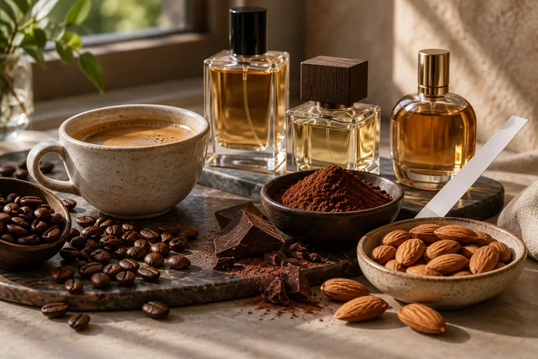 Café, cacao et amandes évoquant des accords gourmands sans vanille.