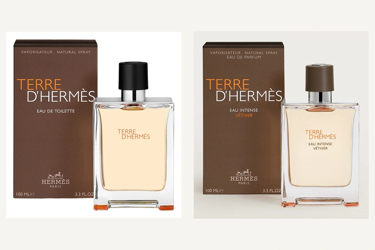 Terre d’Hermès Eau de toilette et Eau Intense Vétiver Eau de parfum, flacons de 100 ml et leurs étuis.