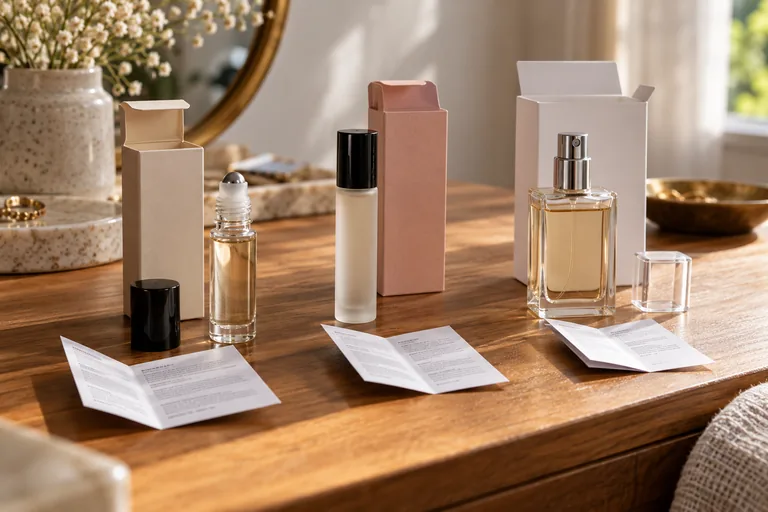 Différents conditionnements de produits parfumés et leurs notices.