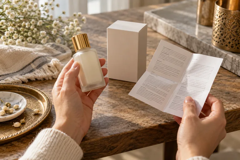 Lecture des indications d’un petit produit parfumé fermé.