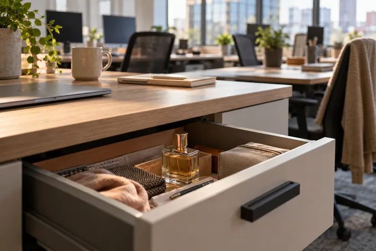 Flacon fermé rangé dans un tiroir à proximité d’un bureau.