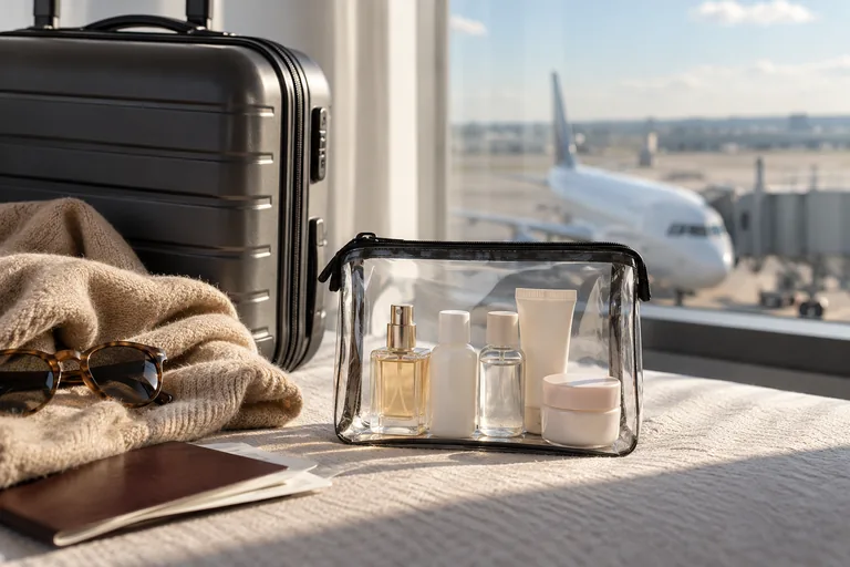 Petits contenants fermés dans une trousse transparente près d’un bagage.