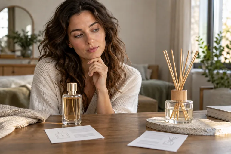 Parfum et diffuseur d’intérieur présentés séparément.