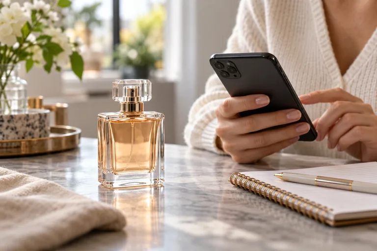 Flacon intact près d’un téléphone pour préparer une demande au vendeur.
