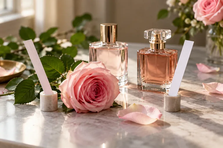 Rose et feuillage près de flacons et de mouillettes de comparaison.