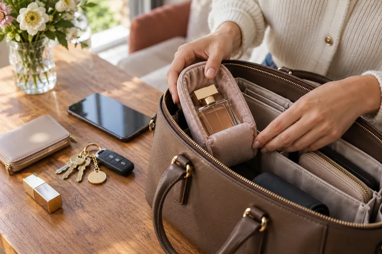 Flacon protégé dans un compartiment de sac séparé des clés.