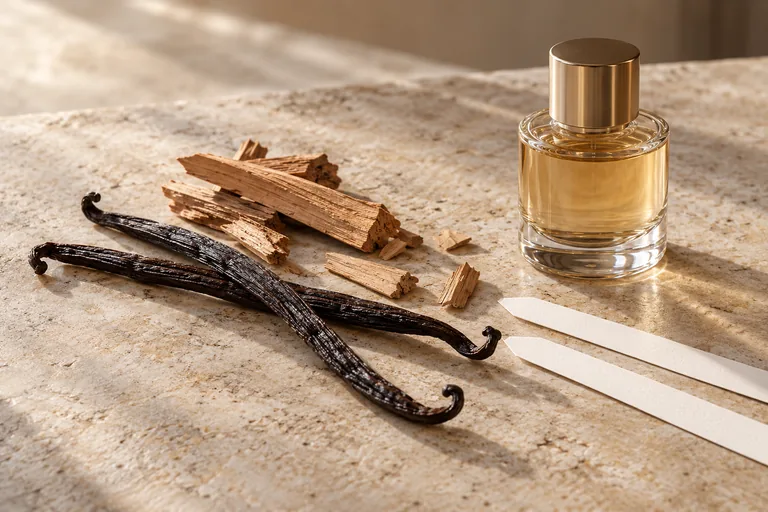Gousses de vanille, bois et mouillettes près d’un flacon neutre.